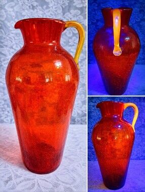 Vintage Large Pilgrim Tangerine Orange Crackle Glass Pitcher Ewer 13” UV React